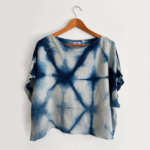 Linen Boxy Blouse in Indigo Snowflake and Oat